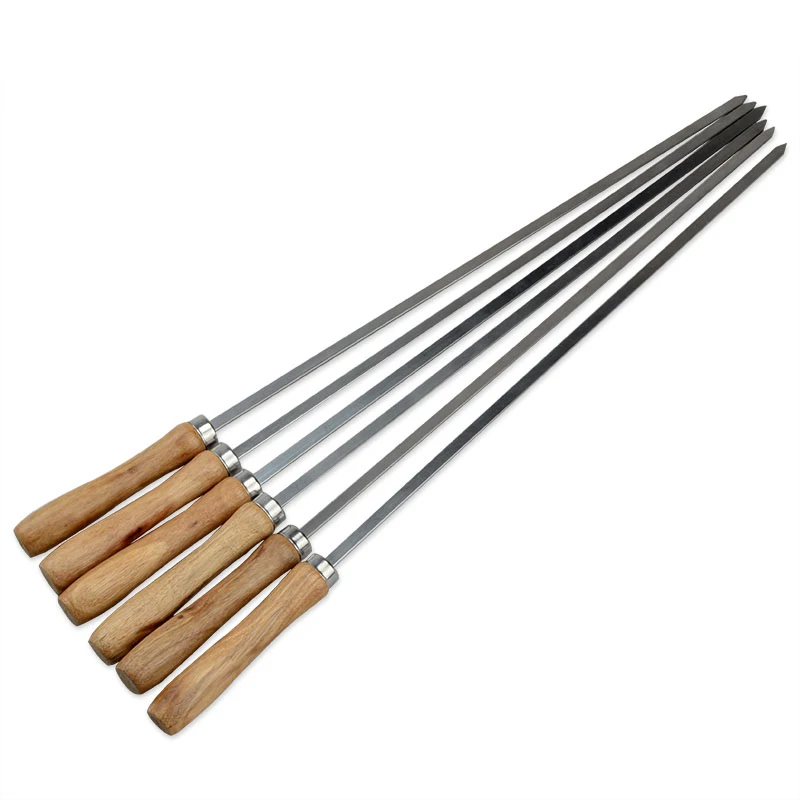 Stainless Steel BBQ Needles Wooden BBQ Kebab skewers Wood Metal BBQ Skewer Grilling Forks Barbecue Accessories 16.5in 42cm