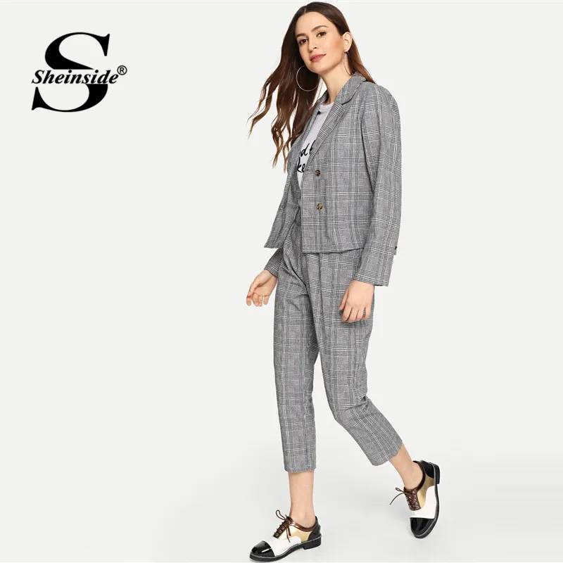 Sheinside مزدوجة زر منقوشة سترة مع السراويل النساء مجموعات شال طوق رياضية 2019 الربيع أنيقة عمال 2 قطعة مجموعة Sheinside مزدوجة زر منقوشة سترة مع السراويل النساء مجموعات شال طوق رياضية 2019 الربيع أنيقة عمال 2 قطعة مجموعة