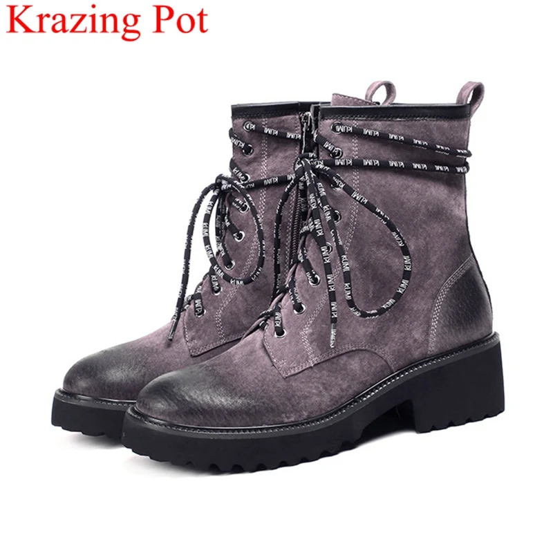 

2018 new arrival round toe pigskin retro square heel women ankle boots elegant brand runway motorcycle boots winter shoes L2f2
