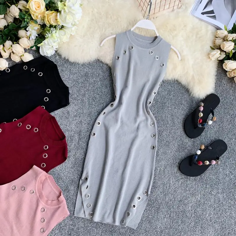 

punk-style round collar sleeveless care machine Elastic knitted bag buttocks one-step dress nightclub dress trend