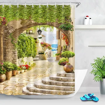 

LB View Street with Flowers And Homes Arch Stone Street Digital Scenic Shower Curtains Bathroom Curtain Fabric for Bathtub Decor