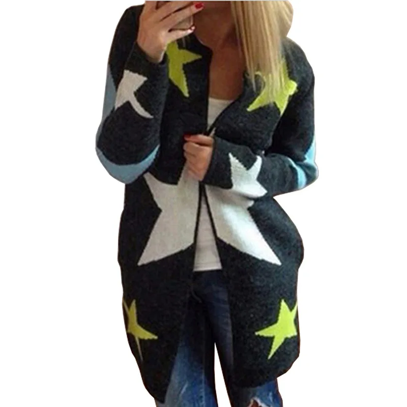 Patterned Cardigans For Women Promotion-Shop For Promotional Autumn Cardigans Stars Pattern Print Casual Fashion Women Long Sweaters Loose Warm Knitted Cardigans Long Sleeve Warm Outwears - Patterned Cardigans For Women Promotion-Shop For Promotional