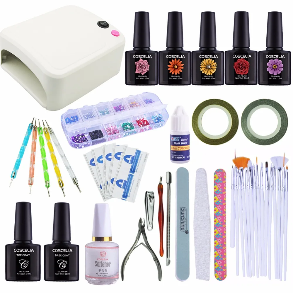 Manicure Set Nail Art Kits 36W UV Lamp Dryer 5 Colors Soak Off Gel Polish Nail Art Kit Set UV