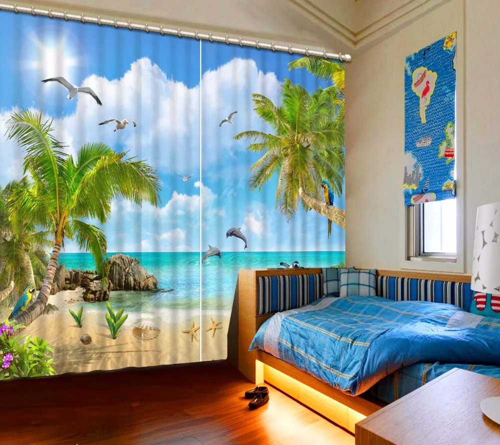 3d Curtain Photo Customize Size Blue Sky White Clouds Sun Beach