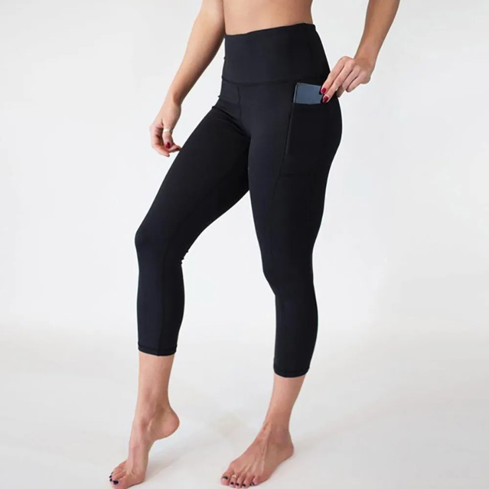 Штаны для йоги с пуш-ап высокой талией, одноцветные укороченные штаны для йоги с карманами для тренировок, бега, обтягивающие спортивные Леггинсы для бега, B2 - Color: Black