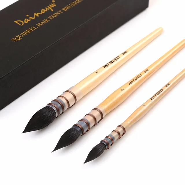 Dainayw 3Pcs 20RQ Squirrel Hair Paint Brush Set Short Wooden Handle