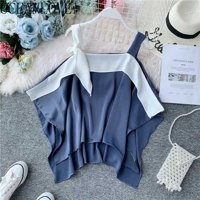 

OCEANLOVE Chiffon Patchwork Summer Women Tops and Blouses Irregular Shirt 2019 Korean Fashion Bow Sleeveless Blusa Clothes 12537