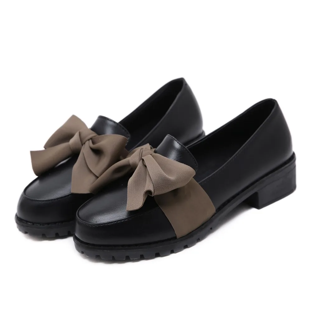Spring Womens Shoes Black Leather Flats Shoes Woman British Style Bow Knot Slip on Boat Shoes Female Ladies Casual oxford Shoes