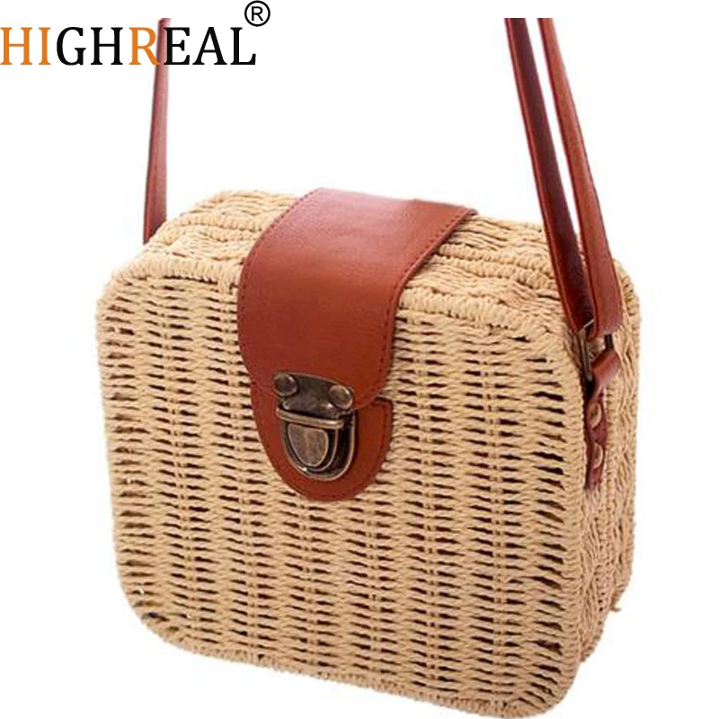 

HIGHREAL Women Bag Candy Color Square Straw Bag Small Single-Shoulder Bags Crossbody Women Handbag Beach Shopping Bag J187