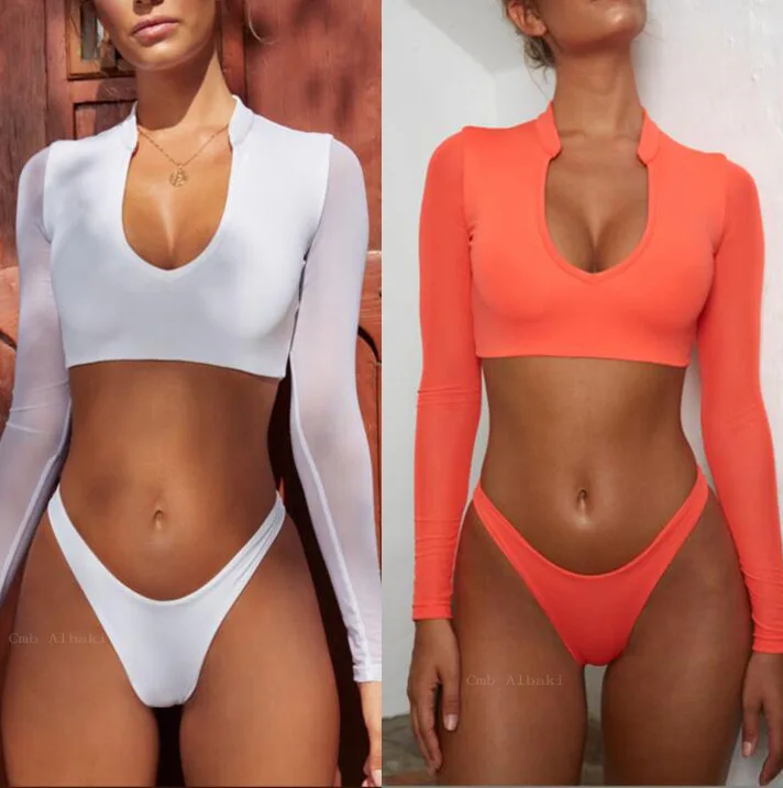 

High Cut Two-piece Suits Mesh Long Sleeve Brazilian Bikini Push Up Swimsuit Sexy Thong Swimwear Women Bathing Suit 2019