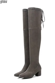 

QZYERAI New arrival for fall leather fleece stretch over-the-knee women boots high heels back ribbon boots tight women shoes