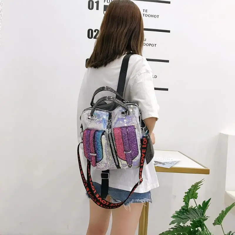 Женские дорожные рюкзаки с блестками, сумки через плечо с верхней ручкой, кожаный большой рюкзак, модные мини-рюкзаки с блестками для путешествий, мини-сумка