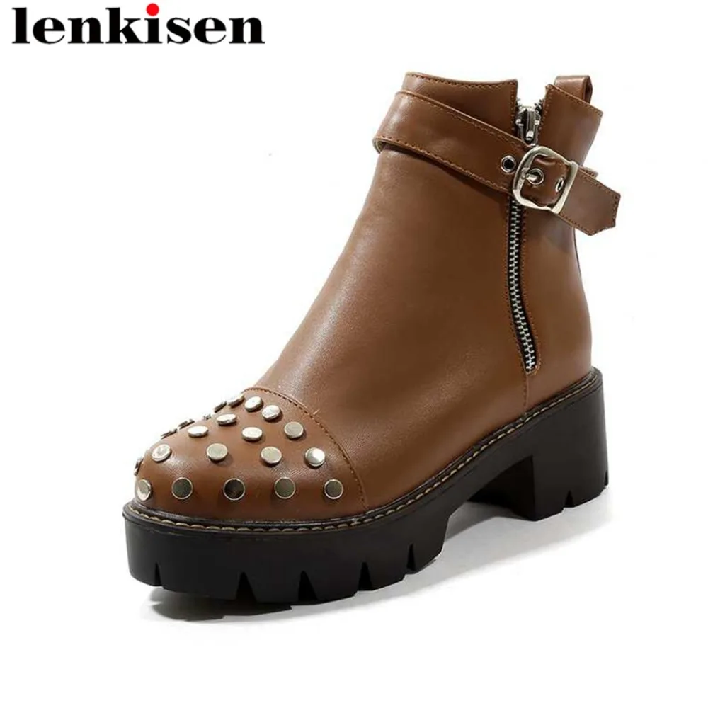 

Lenkisen metal rivets pu large size zipper buckle belt zipper med thick heels platform high quality round toe ankle boots L83