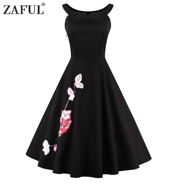 ZAFUL Марка Плюс Размер Женщины Dress Винтаж халат рокабилли 50 s Черный Вышивка Рукавов Качели Бальные Платья Feminino Vestidos