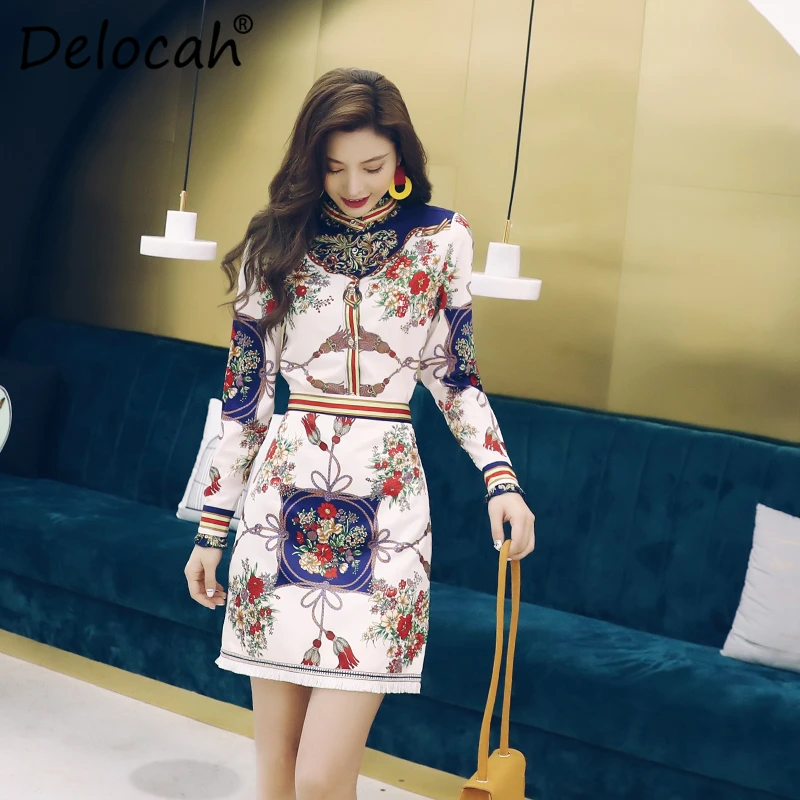 

Delocah Women Spring Summer Set Runway Fashion Designer Long Sleeve Simple Ruched Shirt+Flower Printed Short Skirt Two Piece Set