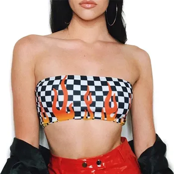

Sexy Fashion Women's Flame Print Tank Tops Halter Lattice Plaid For Flame Chess Checkered Checkered