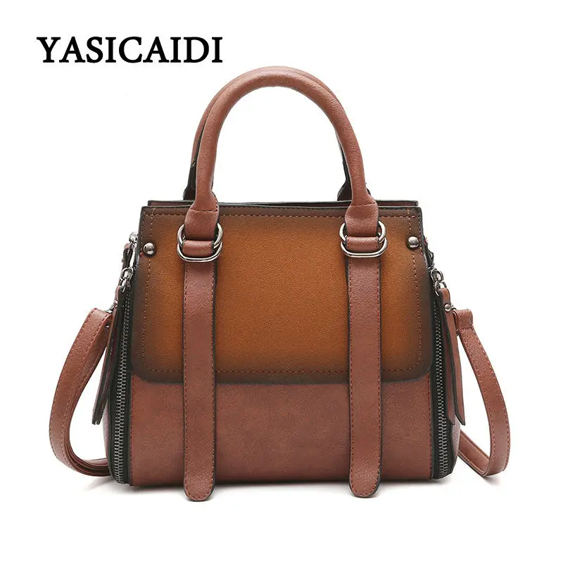 

High Quality Women PU Leather Handbags Fashion Vintage Casual Tote Bags Scurb Leather Patchwork Messenger Bags Double Zipper