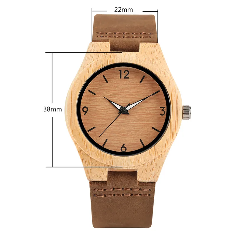Creative Watches Women Genuine Leather Band Bamboo Case Lady Wrist Watch Wooden Light Yellow Dial Modern Female Clock Xmas Gifts