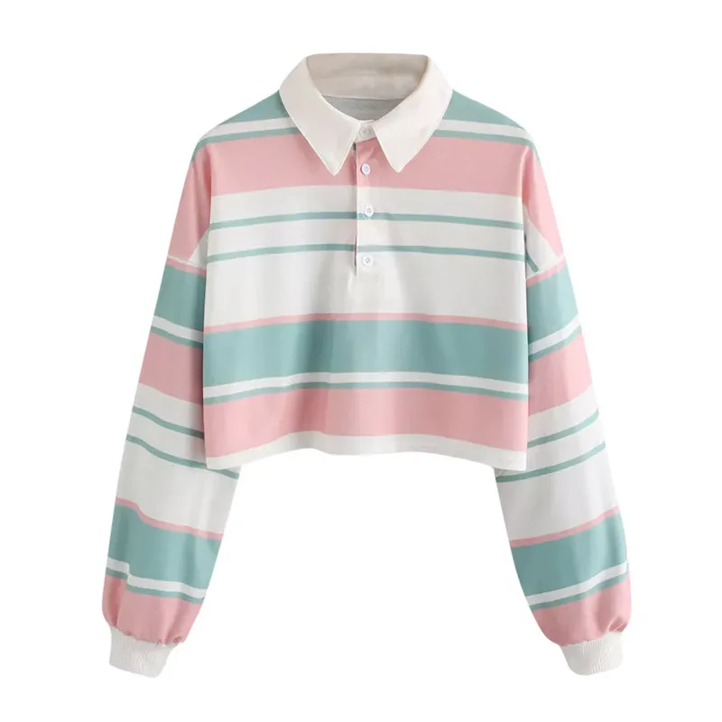 

Fashion Women Ladies Long Sleeve Striped Button Tops Blouse Crop Pullover Sweatshirt Top Blouse Dropshipping A10 AU14