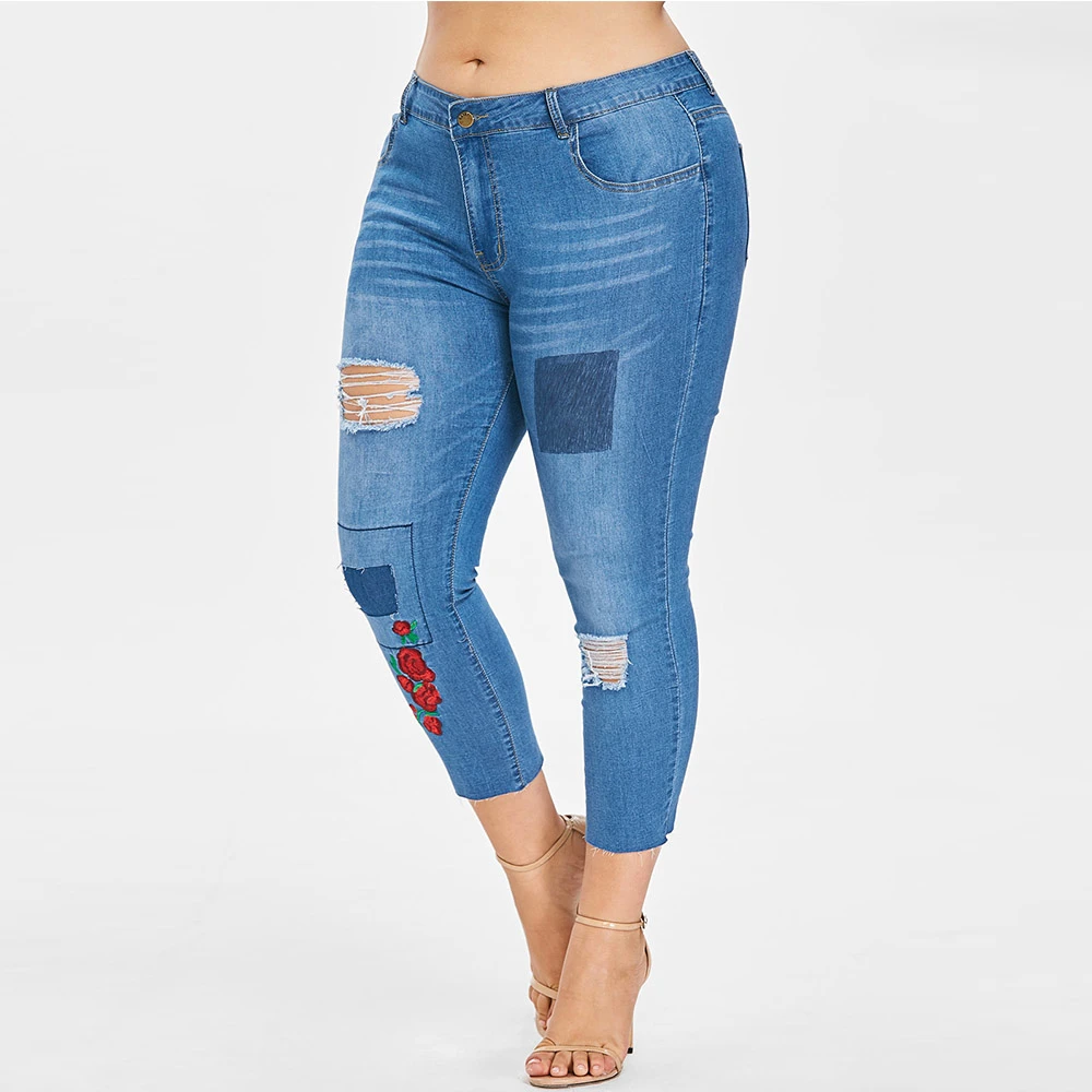 Pantalones vaqueros mezclilla con parches bordados talla grande con bolsillos rasgados ajustados para mujer Pantalones de lápiz 2018 de mujer|Pantalones vaqueros| - AliExpress