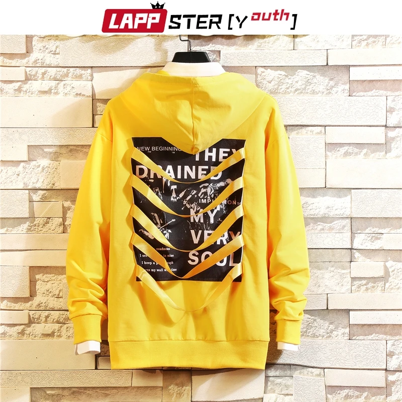 

LAPPSTER Men Hip Hop Patchwork Belt Hooded Hoodies Sweatshirts 2019 Japanese Streetwear Harajuku Hoodie Yellow Korean Plus Size