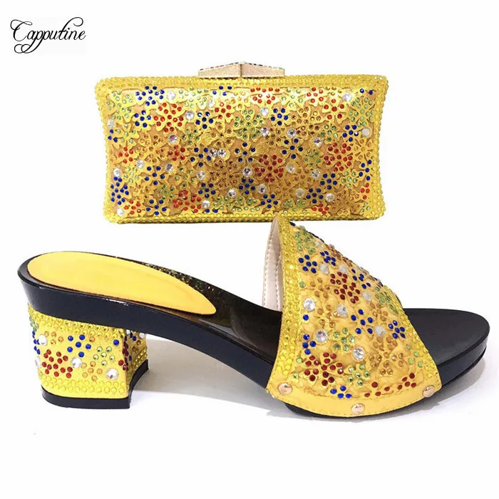 

Hot sale gold high heel slip on sandal shoes and evening bag set with colorful rhinestones CSB14 size 37-43