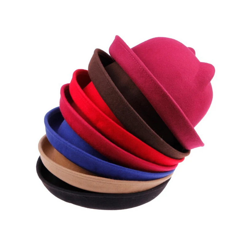 

Fashion Wool Felt Women's Sun Hats Vintage Lady Bowler Derby Summer Hat Cat Ear Animal Fedora Cap Not Deformed Good Package 20
