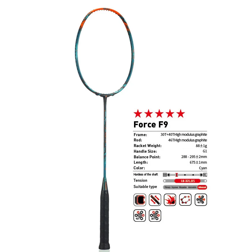 Kawasaki profesional Raquetas de bádminton con cadena tipo ofensivo 100% Carbon raqueta caja Marcos fuerza F9