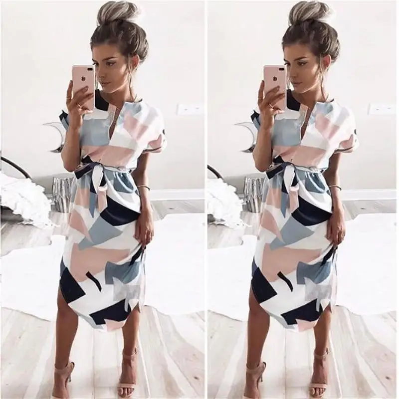 

Deep V Neck Print Summer Dress Women Short Sleeve Pleated Women Dress Casual Sashes Women Party Dress Plus Size Vestidos