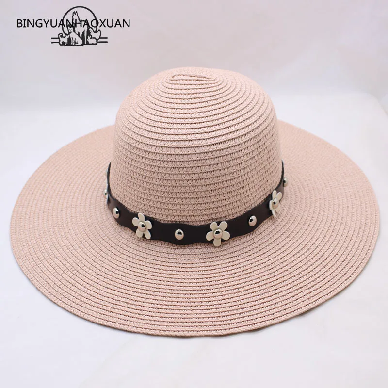 

BINGYUANHAOXUAN Summer Women's Wide Angle UV Protection From The Sun Hat Tourism Beach Straw Hat Pearl Belt Caps Lady