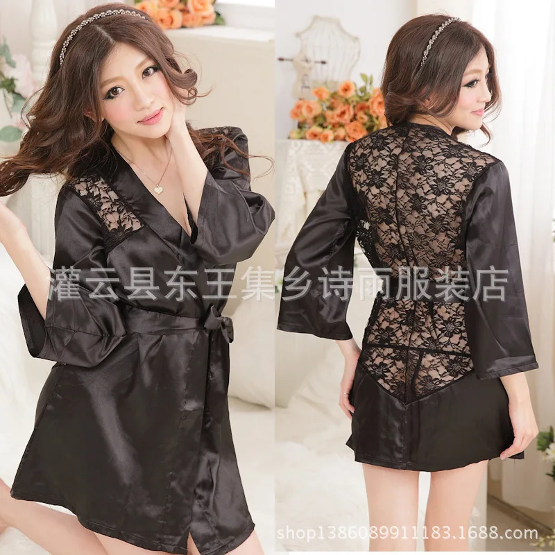 Summer lace sexy bathrobe, bathrobe Silk smooth transparent pajamas