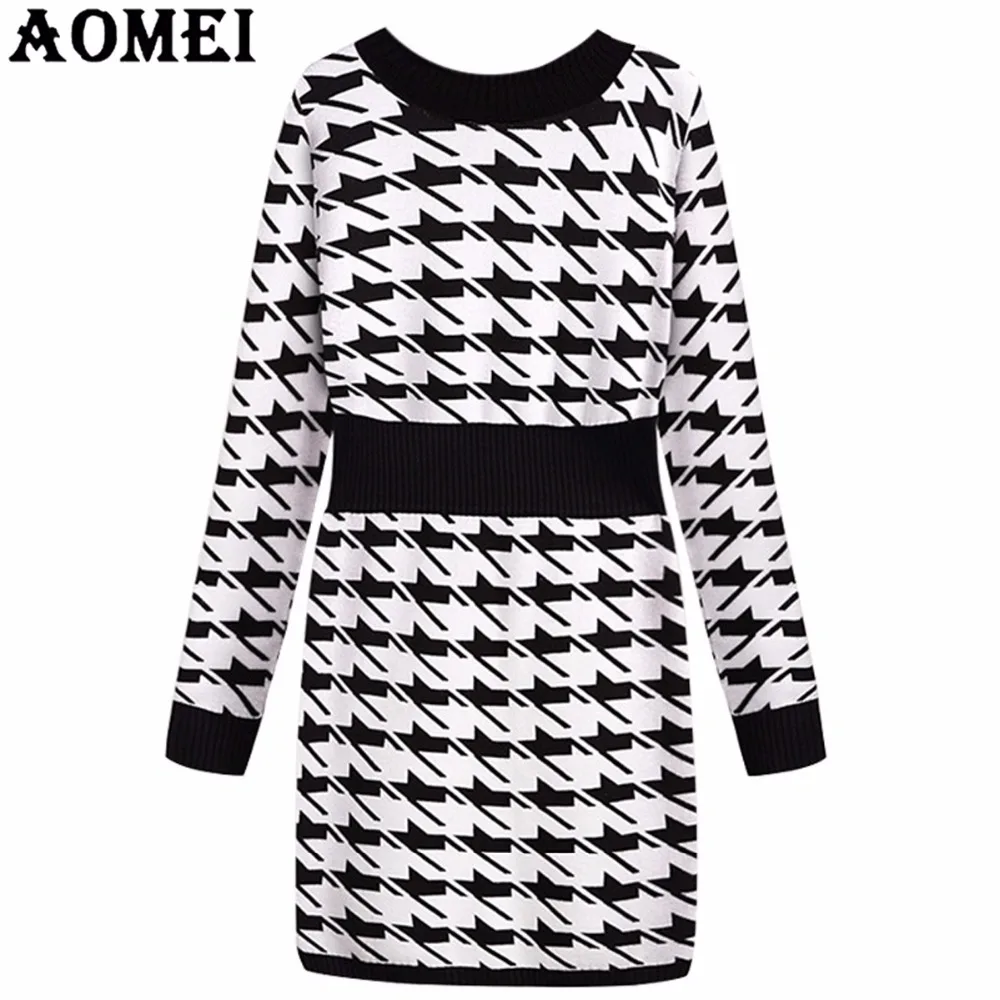 

2019 Women Winter Houndstooth Sweater Dress Mini Knit Wear Fall Fashion Knitted Black Plus Size 5XL High Waist Femme Robe