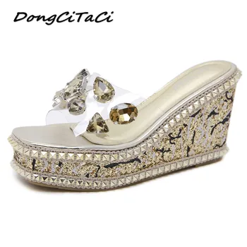 

DongCiTaCi Summer Women Platforms Peep toe Wedge Sandals Shoes Woman Rivets Bling Crystal Muffin Bottom Clear High Heels Sandals