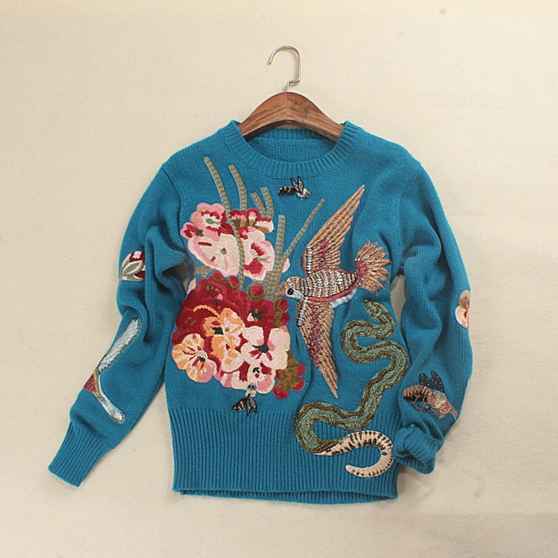 Зимний Рождественский подиумный Женский пуловер, свитера, роскошный синий вышитый бисером джемпер с птицами, винтажный Женский вязаный джемпер, одежда