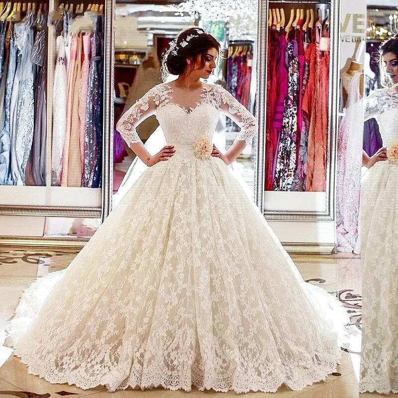Кружевное платье Vestido De Noiva 2019 мусульманское свадебное платье бальное платье с v-образным вырезом 3/4 рукава винтажное арабское свадебное