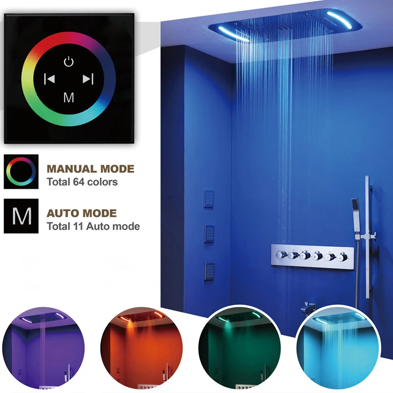 Thermostatic Mixer Valve Touch Screen Control LED Light Rianfall Shower Head Waterfall Bathroom Shower Set 71X43cm Misty Showers
