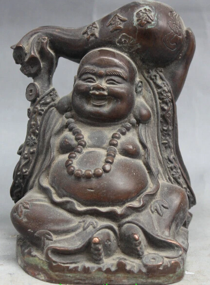 

836++5" Chinese Folk Bronze Wealth Money Bag Happy Laugh Maitreya Buddha Seat Statue
