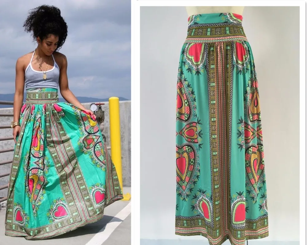 New Ladies Fashion African Totem Print Ethnic Skirt Dashiki Flared Skirt Maxi Skirt in Skirts