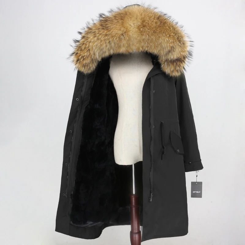 OFTBUY водонепроницаемая верхняя одежда X-long Parka зимняя куртка женская шуба из натурального меха енота капюшон Подкладка из натурального кроличьего меха - Цвет: black black natural