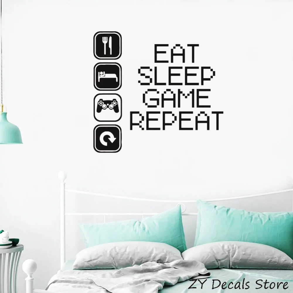 Переводная виниловая наклейка на стену Eat Sleep с джойстиком и геймпадом|vinyl wall