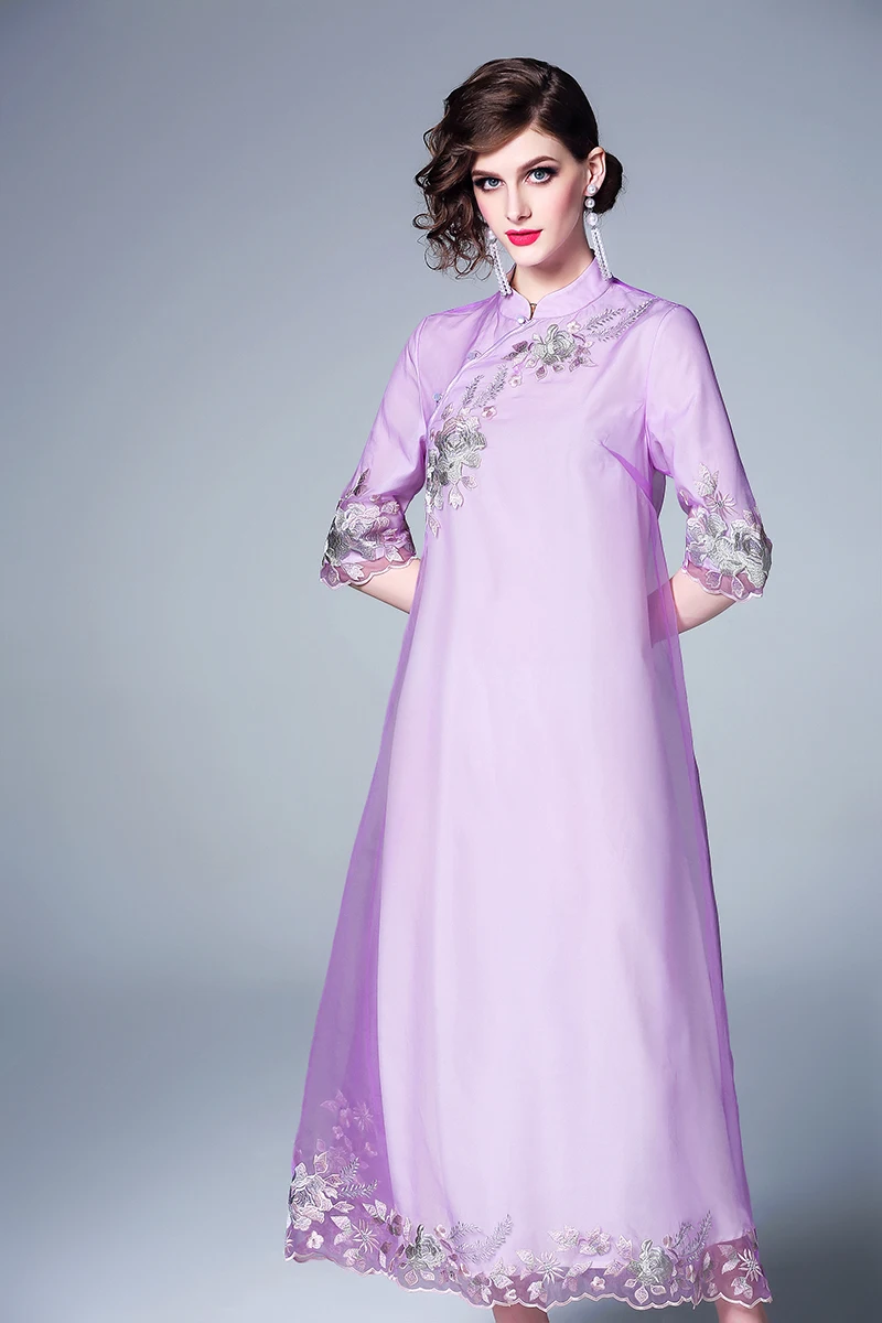 Летние Элегантные Вышивка Cheongsam для женщин Высокое качество китайский стиль довольно Половина рукава воротник стойка свободное платье