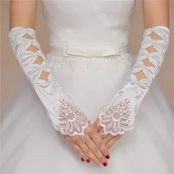 

1 Pair Satin Long Fingerless Wedding Bridal Gloves Accessoire Mariage Lace Beaded Women Gloves For Prom Party Luva De Noiva