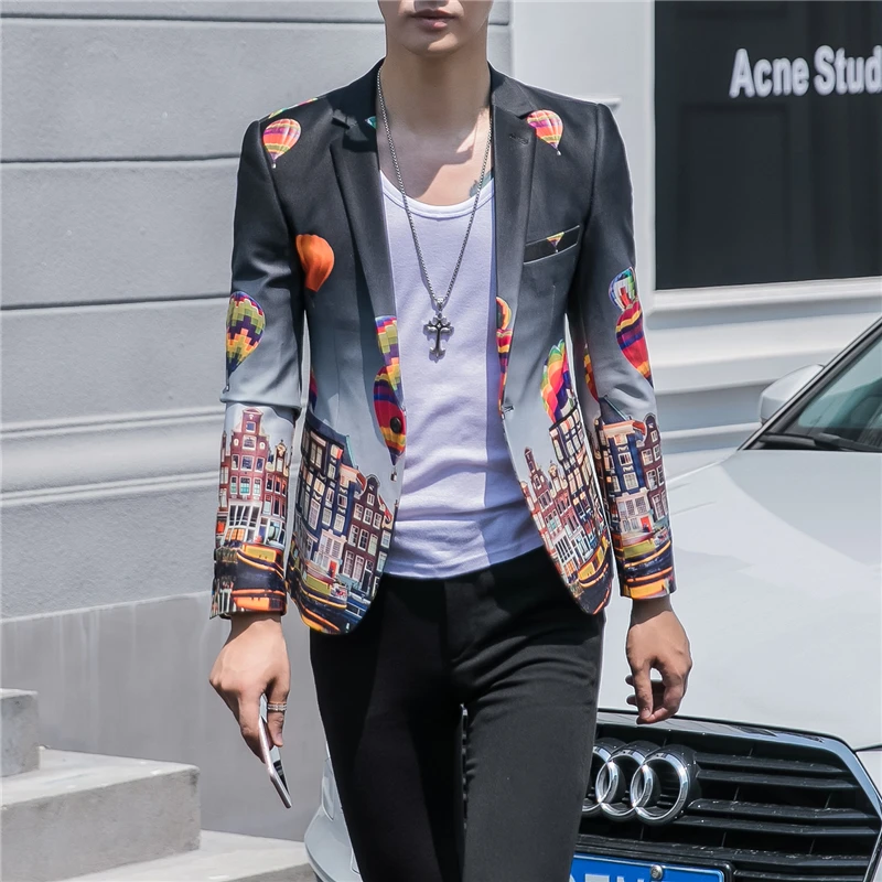 

White and Black Long-sleeved Suit Jacket Male Slim Design Blazers Men Autumn New Mens Flower Jaqueta