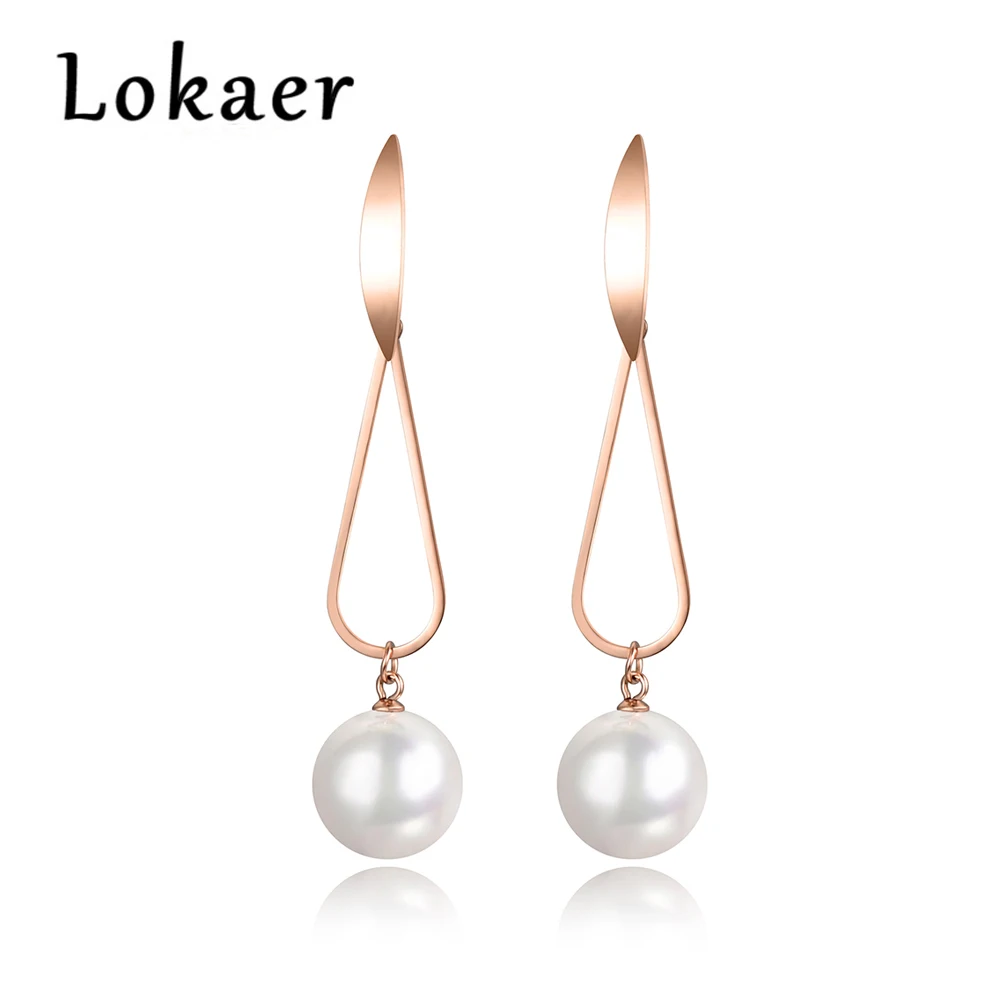 

Lokaer Trendy Jewelry Long Irregular Stainless Steel Earrings Simulated Pearl Fashion Gift For Women Girl Lady E18055