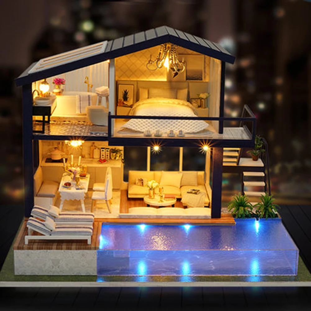 Doll House DIY Miniature Wooden Time Apartment DIY Miniature Dollhouse Model with Music Assembly Toys
