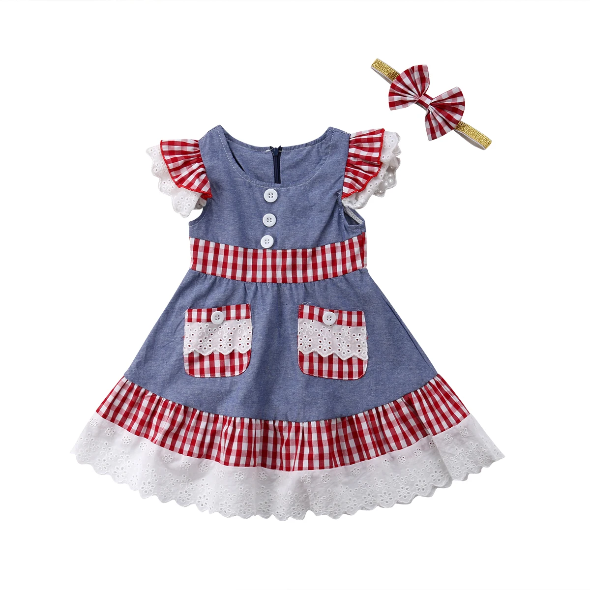 

2018 Toddler Baby Girls Denim Plaid Dress Headband Party Pageant Dresses Clothes Set Casual Puff Sleeve Lace Dresses