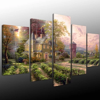 

Frame Art Decor Home For Living Room Wall 5 Pieces House Tree Fields Landscape Painting Modular Canvas HD Prints Modern Pictures