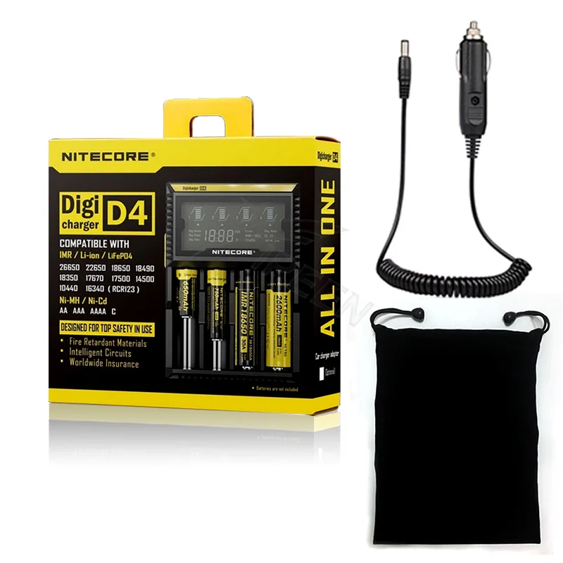 Nitecore D4 D2 I4 I2 ЖК-дисплей интеллигентая(ый) Зарядное устройство Li-Ion 18650 14500 16340 26650 AAA AA 12V Батарея Зарядное устройство автомобиля ЕС - Цвет: D4 With Car Bag