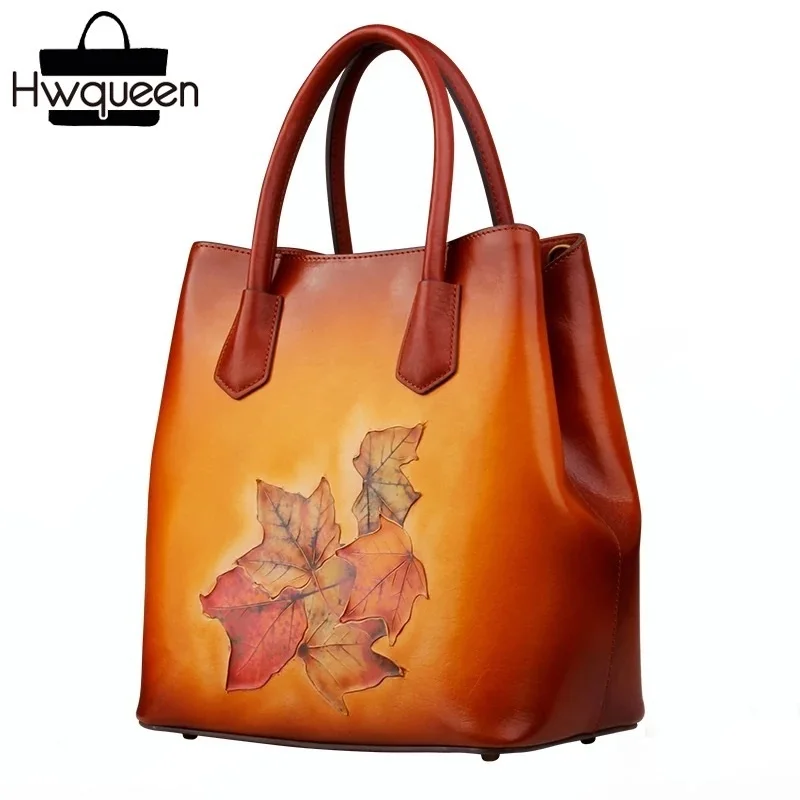 

Embossing Maple Leaf Tree Designer Female Zipper Closure Shoulder Bag Genuine Leather Women Orange Purse Cowhide Ladies Handbag