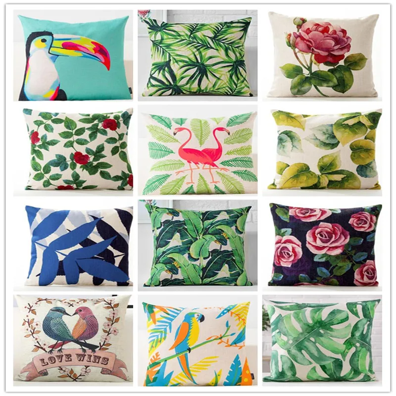 النباتات المائية النباتات الخضراء الطيور الزهور ديكور المنزل الوسائد الكتان مكتب أريكة وسادة وسادة القضية الغلاف